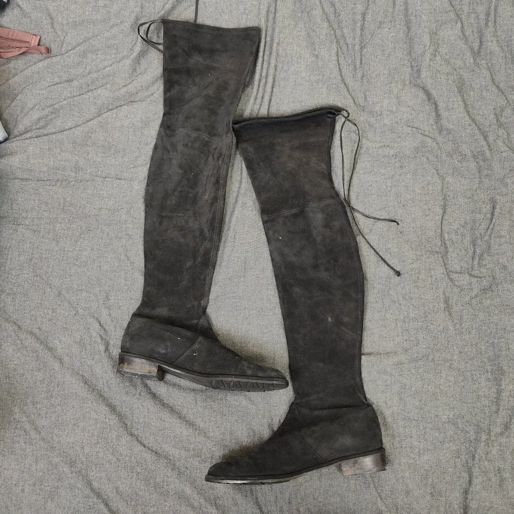 Stuart Weitzman Lowland Womens Boots 8 Black Suede Over The Knee Flat Minimalist